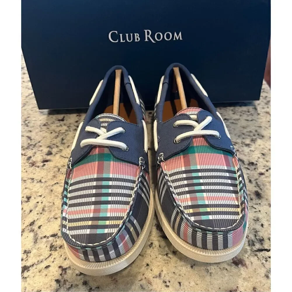 Clubroom Mens Blue Plaid Padded Elliot Round Toe Lace-Up Boat Shoes